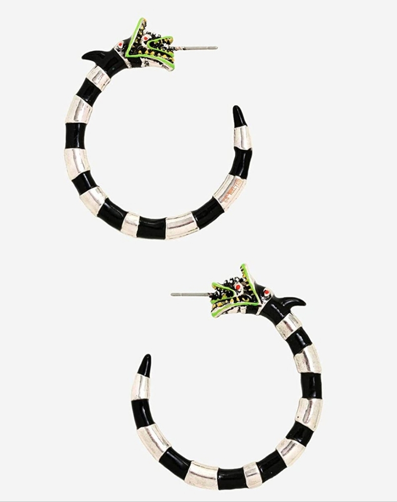Beetle juice sand worm stripe earrings Halloween costumes New stripe hoops silve - Picture 3 of 13